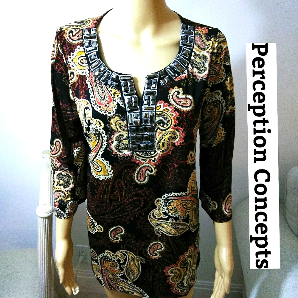 Perseption Concepts Mini V Neck Beaded Tunic Sz Lg